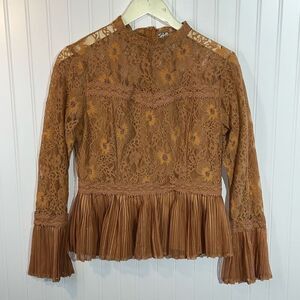 A. Calin By Flying Tomato Long Sleeve Lace Blouse Women Medium Lt Rust Romantic